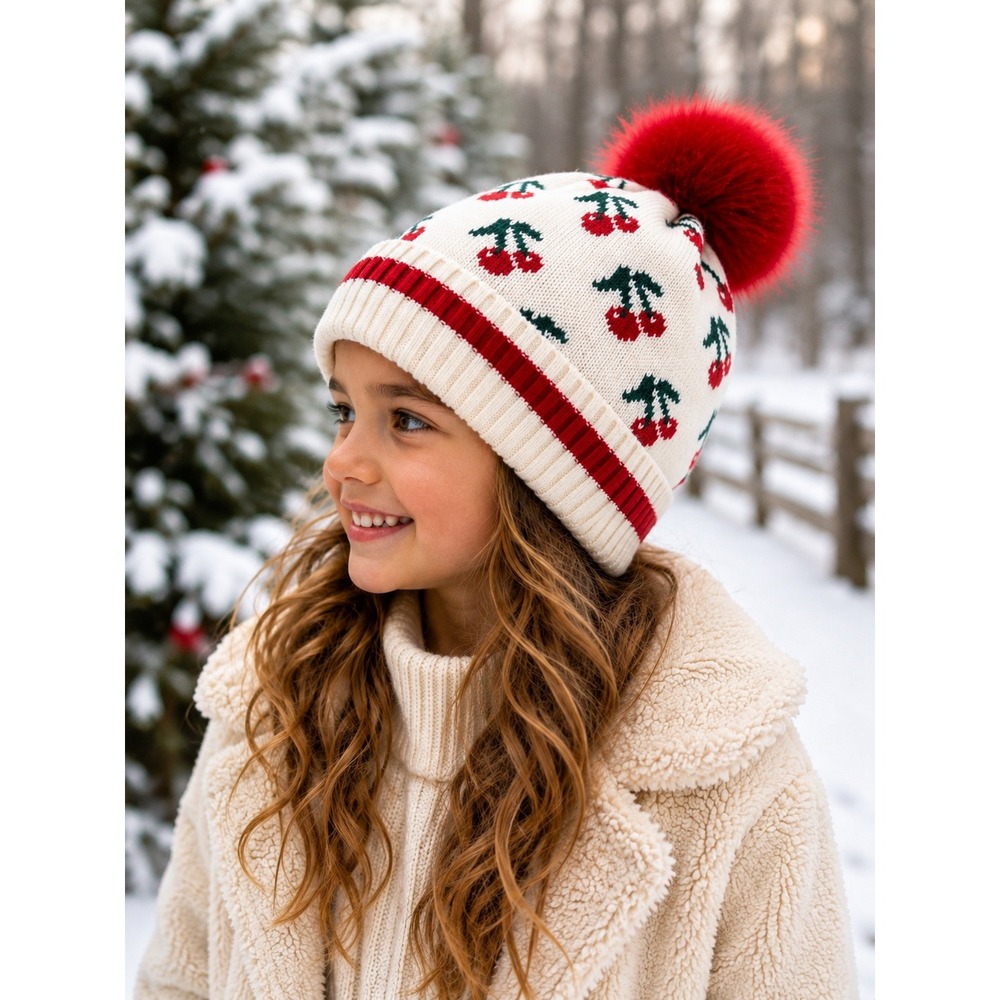 Old Navy Girls L Cherry Knit Beanie Red Pom Pom Winter Hat NWT